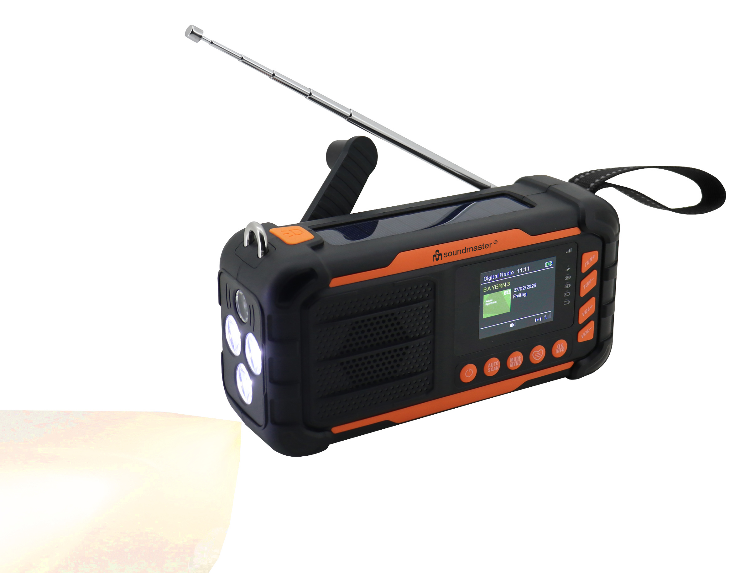 DAB+/UKW Notfalldigitalradio mit eingebautem Li-Ion Akku, Solarpanel/Dynamo, LED-Leuchten und Bluetooth®