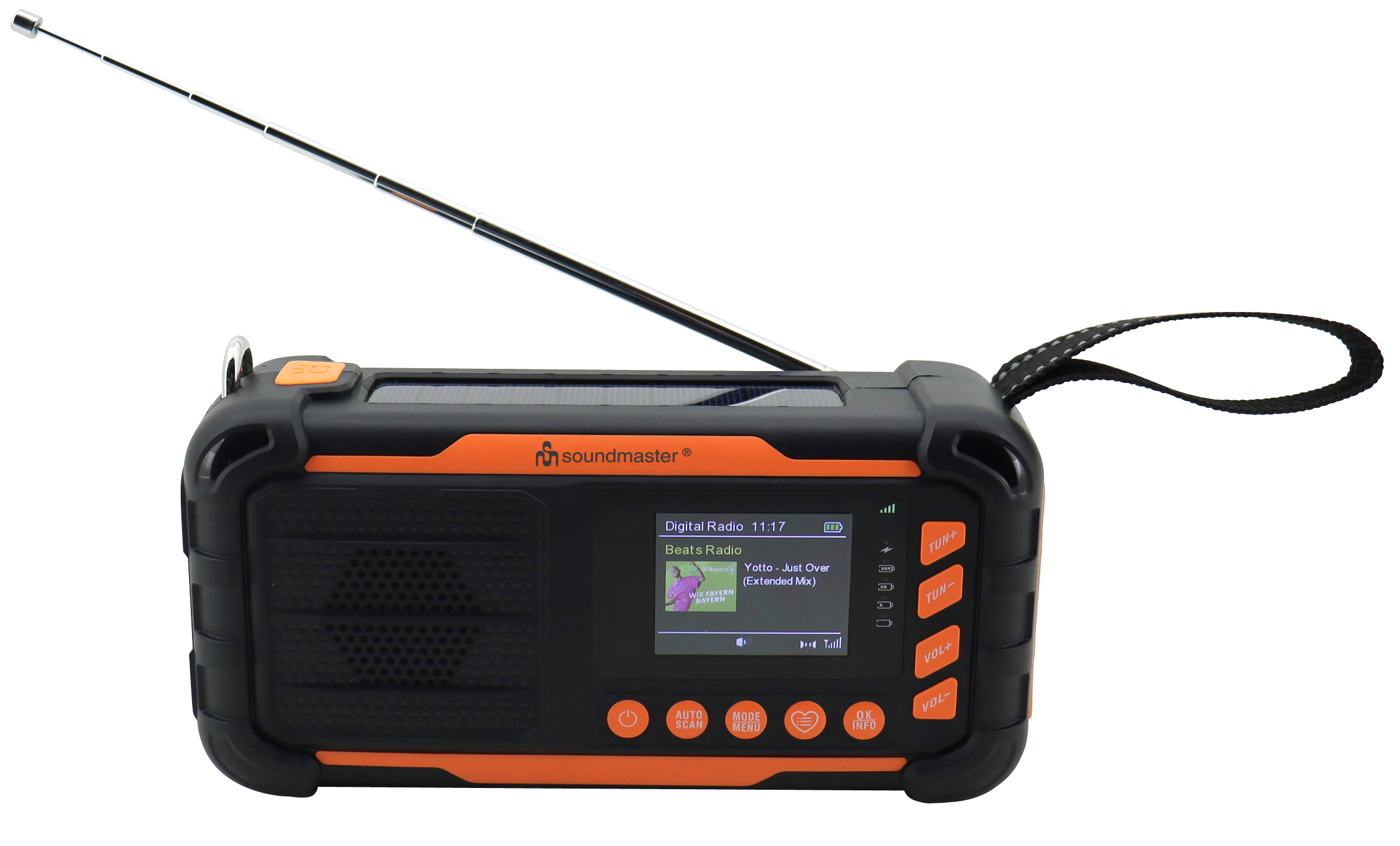DAB+/UKW Notfalldigitalradio mit eingebautem Li-Ion Akku, Solarpanel/Dynamo, LED-Leuchten und Bluetooth®