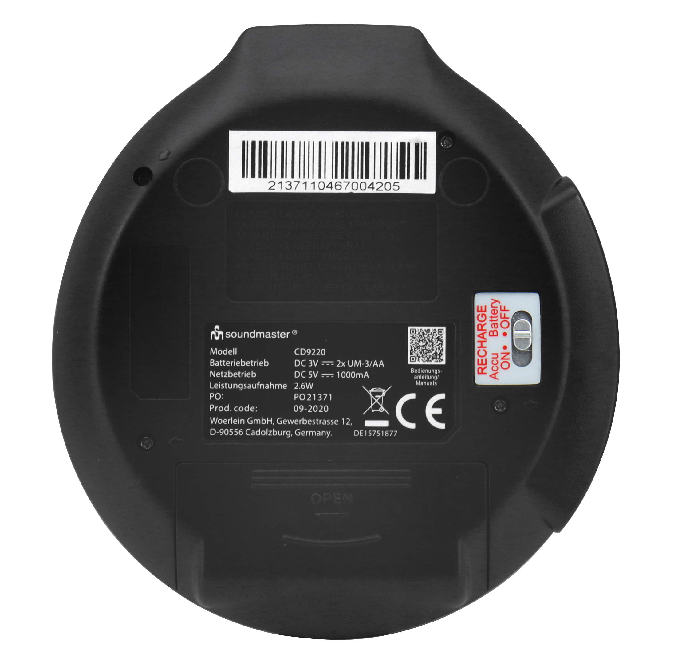 CD/MP3-player with battery charging and last track resume function