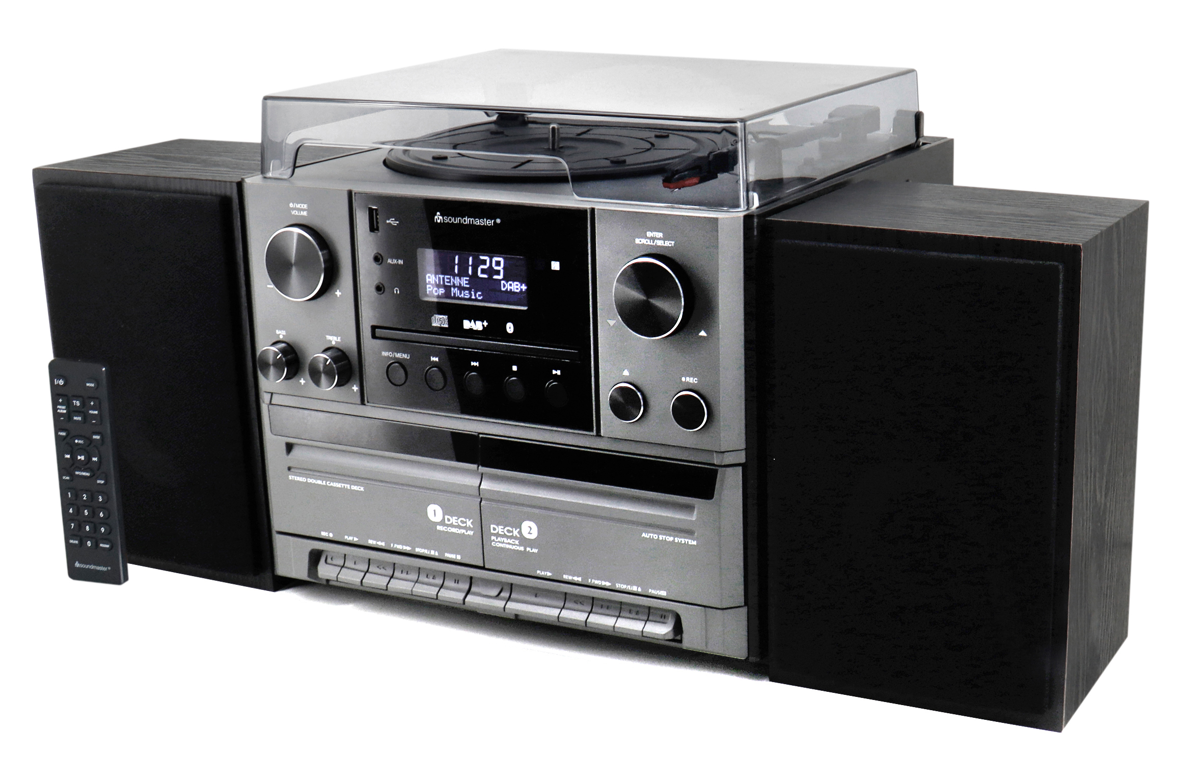Stereo music centre with DAB+/FM radio, CD/MP3, turntable, double cassette, USB, Bluetooth®, encoding