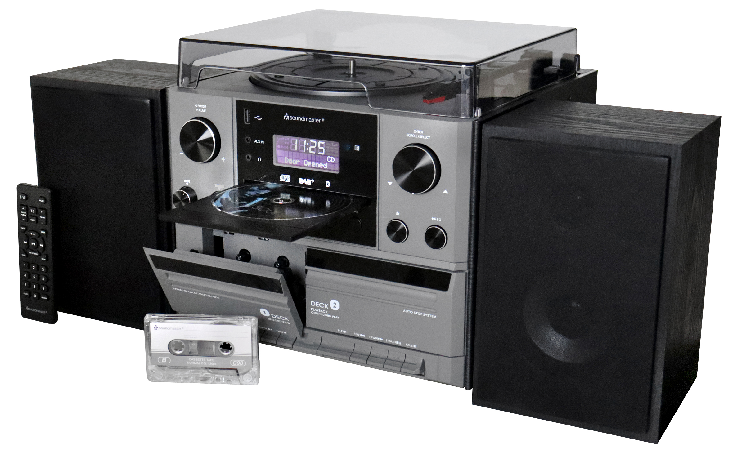 Stereo music centre with DAB+/FM radio, CD/MP3, turntable, double cassette, USB, Bluetooth®, encoding