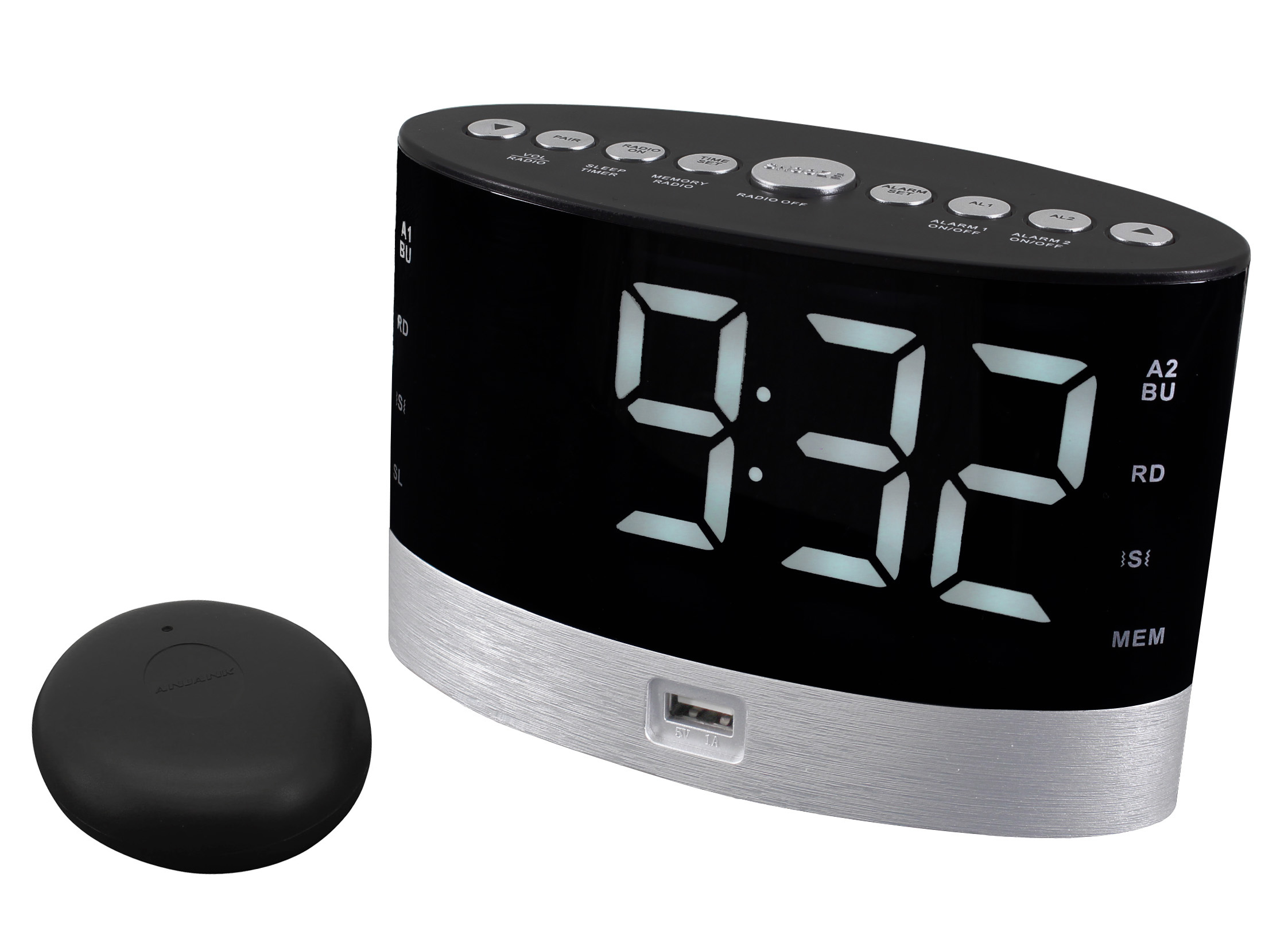FM clock radio for aurally handicapped people with wireless wake-up vibrating pad