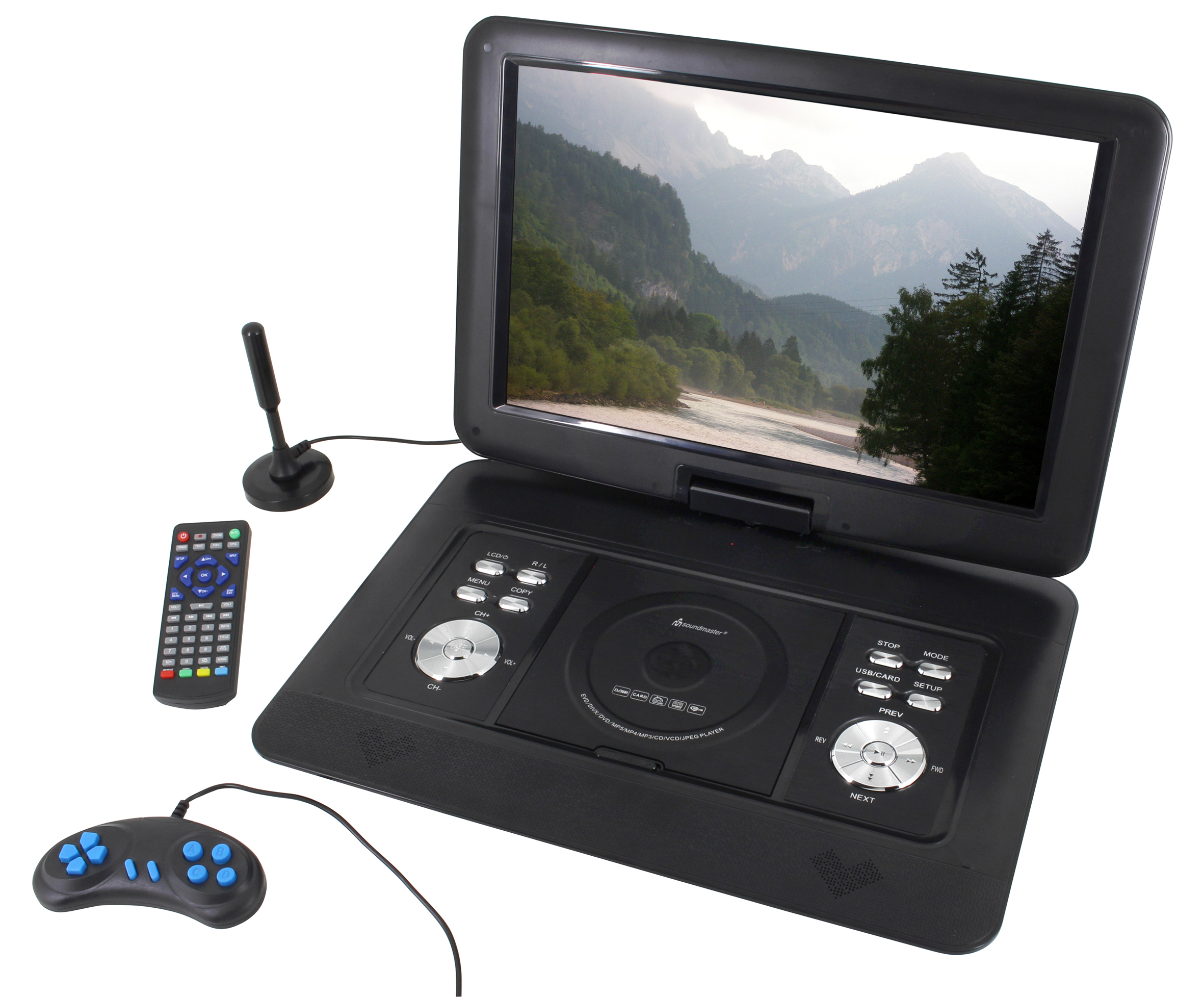 Tragbarer DVD-Player mit DVB-T2 HD-Empfänger / 39,1 cm TFT Bildschirm